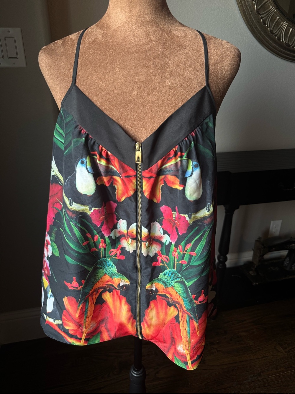 Ted Baker London Tropical Parrot Toucan Floral Zip Cami Top L NWOT Statement
